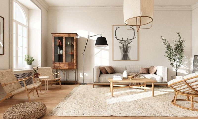 Living Room: Airy Layout with Large Arched Window and Rattan Accents.