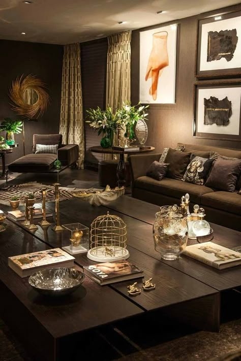 Living Room All Brown Palette Gold Birdcage Decor Modular Table