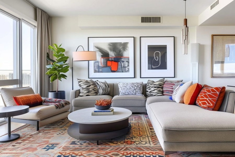 Living Room Bright Transitional Vibrant Tribal Rug Arc Floor Lamp
