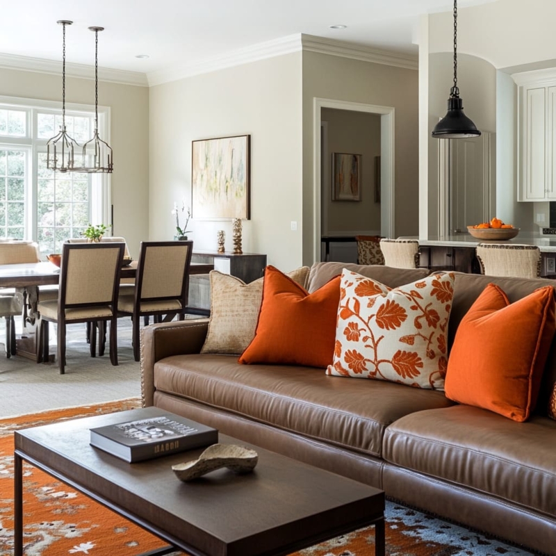 Living Room Burnt Orange Accents Mocha Leather Sofa Nailhead