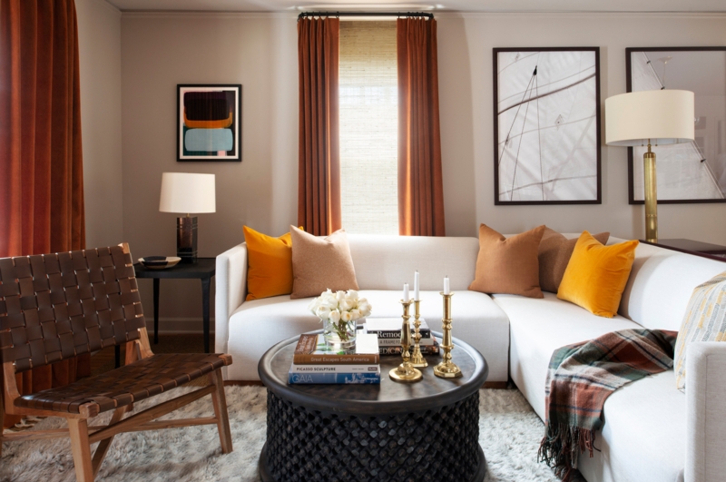 Living Room Burnt Orange Curtains Woven Leather Chair Earthy Decor