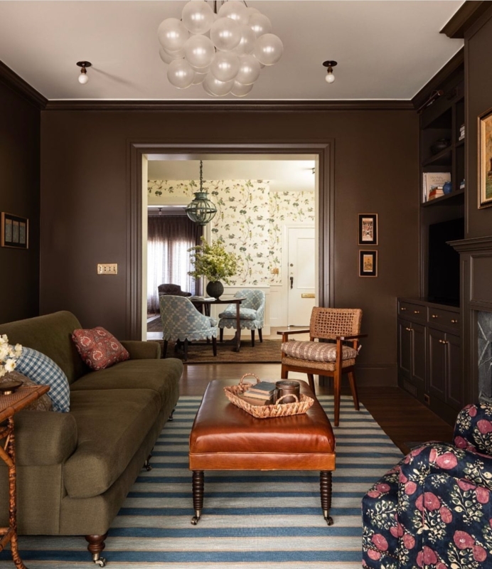 Living Room Chocolate Brown Walls with Multi Globe Chandelier