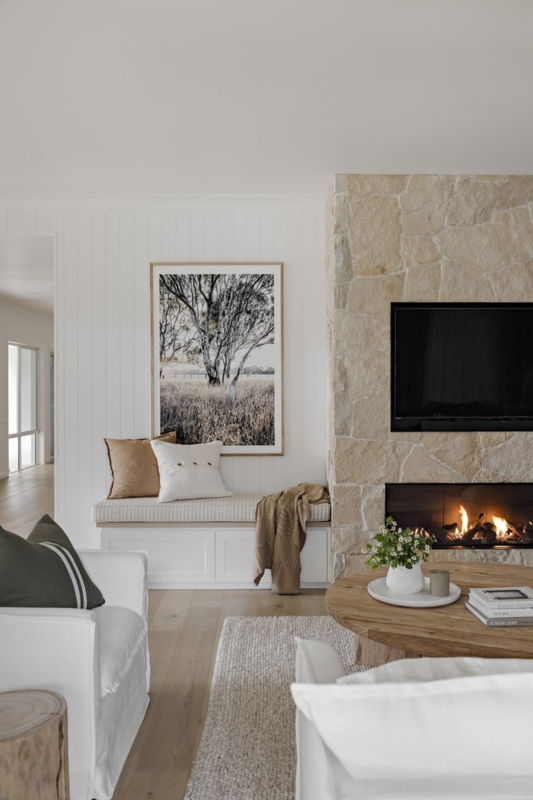Living Room Coastal Farmhouse Stone Fireplace Built In Bench