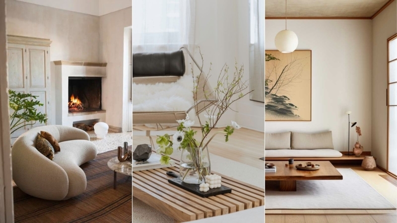Living Room Collage: Low Profile Seating in Japandi Living Room Layout.