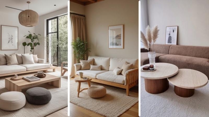 Living Room Collage: Organic Textures and Low Profile Wooden Furniture.