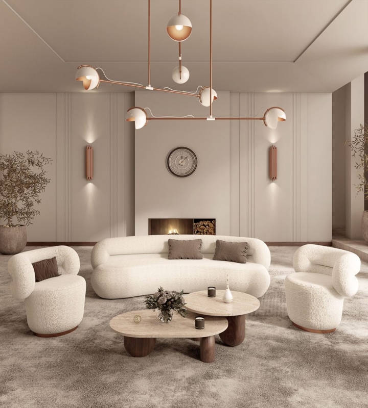 Living Room Curved Sofa Boucle Texture Layered Stone Tables