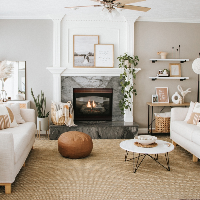 Living Room featuring a Minimalist Marble Fireplace Surround