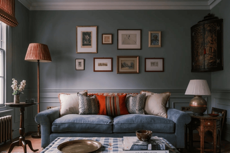 Living Room featuring Monochromatic Blue Walls and Terracotta Accents