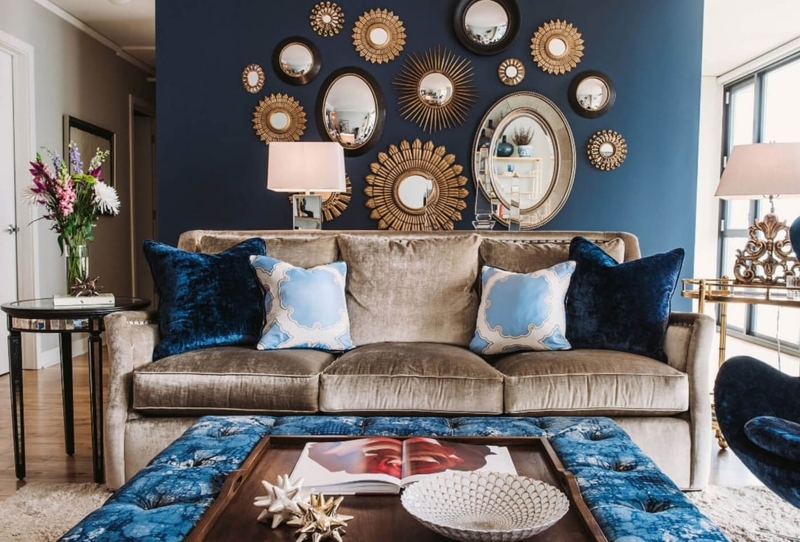 Living Room Glam Navy Blue Wall Ideas Gold Mirror Gallery Wall