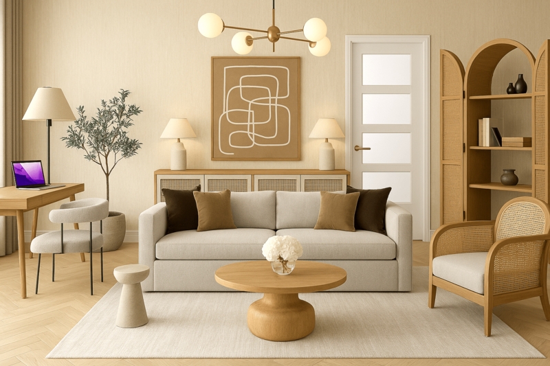 Living Room: Integrated Workspace Nook with Arched Cane Bookcase.