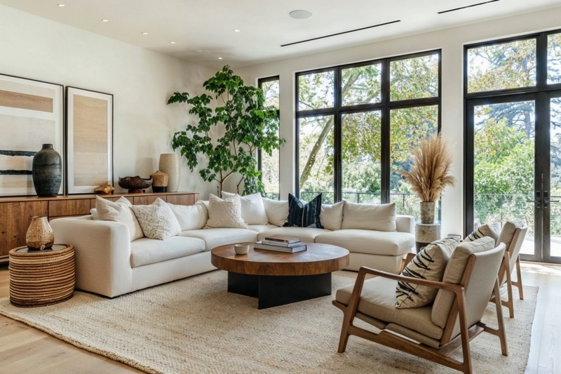 Living Room: Japandi Layout with L-Shaped Sectional and Expansive Glazing.