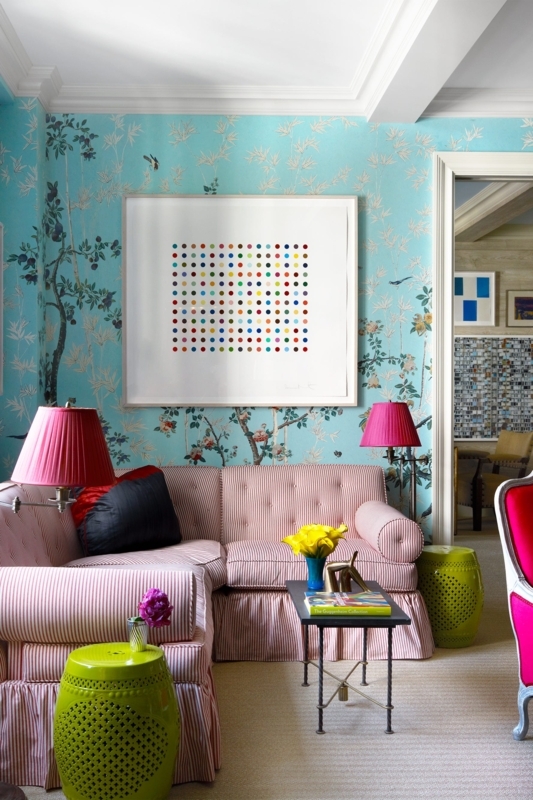 Living Room Maximalist Style, Floral Wallpaper, Pink Striped Sectional Sofa