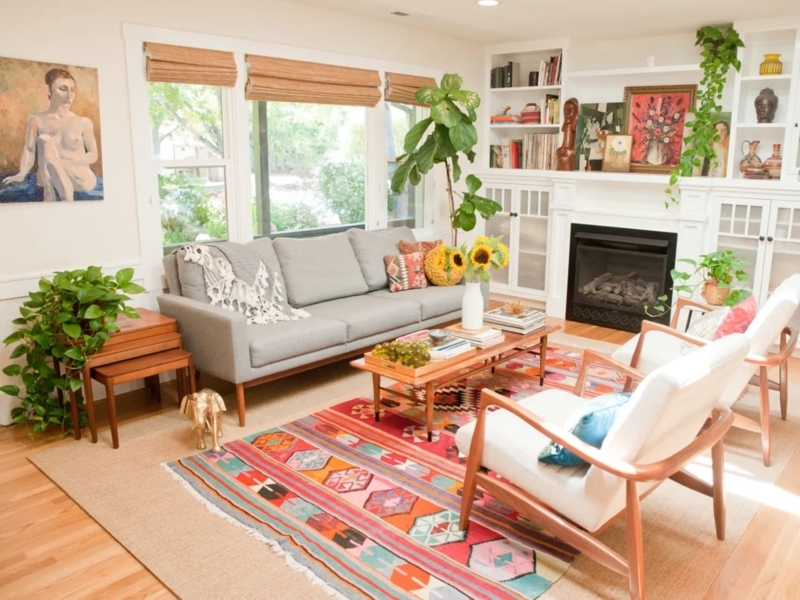 Living Room Mid Century Modern Layout Layered Area Rug Geometric