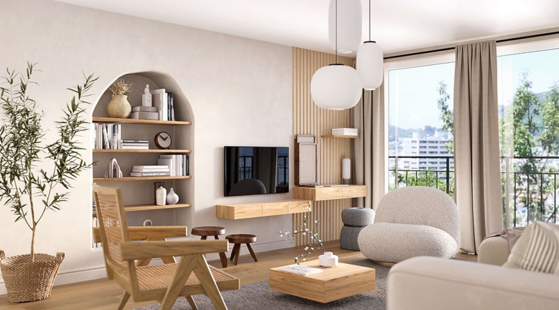 Living Room: Minimalist Arched Wall Shelving and Slatted Wood Accent.