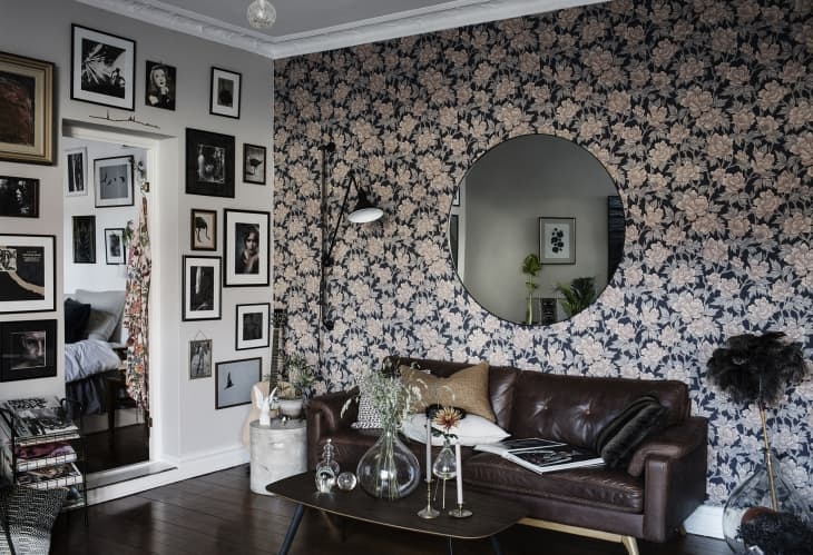 Living Room Moody Interior Design with Eclectic Gallery Wall