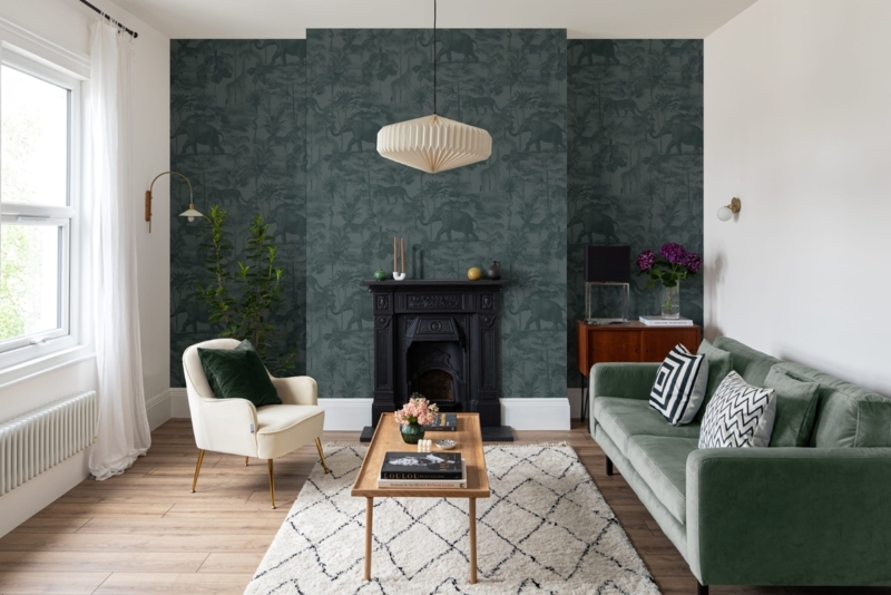Living Room Moody Tropical Accent Wall with Pleated Pendant Light