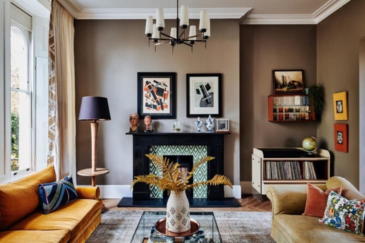 Living Room Patterned Fireplace Tile Mustard Velvet Sofa Eclectic