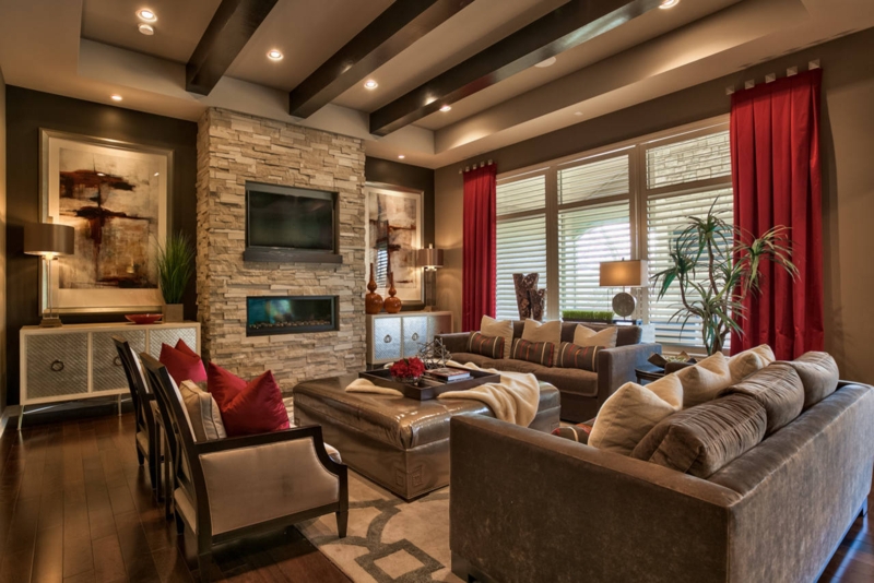 Living Room Red Curtains Stone Fireplace Column Dark Beams
