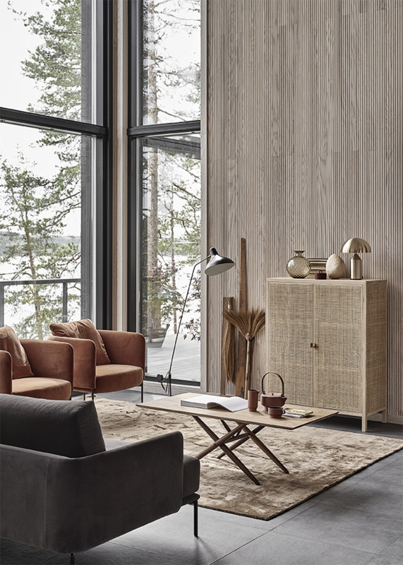 Living Room: Ribbed Wood Wall Paneling and Cane Door Storage Cabinet.