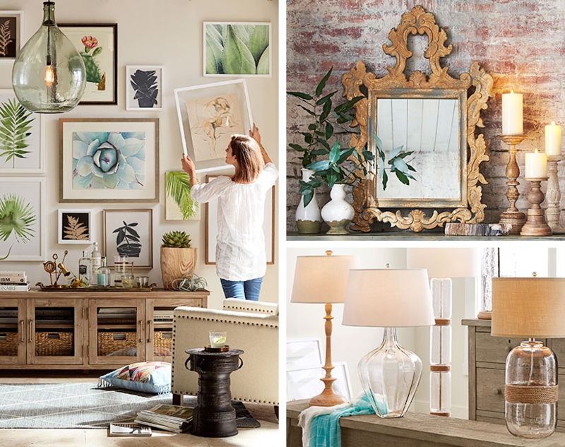 Living Room Rustic with Ornate Gold Mirror on Brick Wall