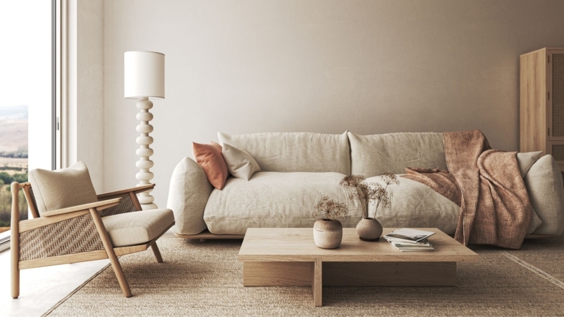 Living Room: Sculptural Floor Lamp Design and Woven Rattan Accent Chair.