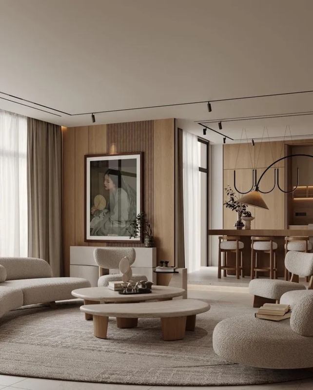 Living Room: Slatted Wood Wall and Organic Nesting Tables Layout.