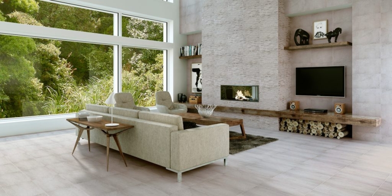 Living Room: Stone Fireplace Wall with Integrated Wood Log Storage Niche
