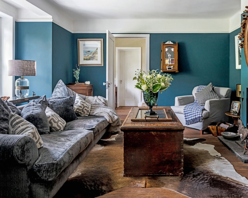 Living Room Teal Accent Walls Vintage Trunk Table Cowhide Rug
