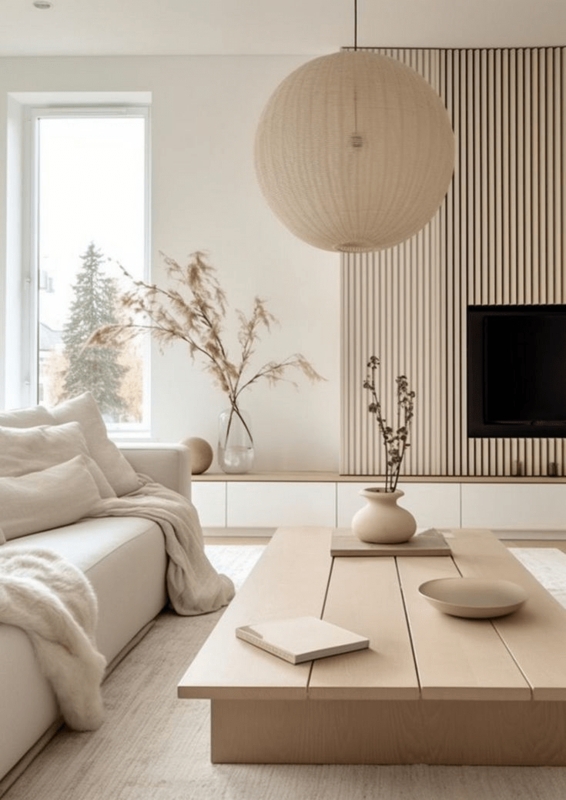 Living Room: Textured Vertical Wood Wall Paneling and Oversized Pendant.