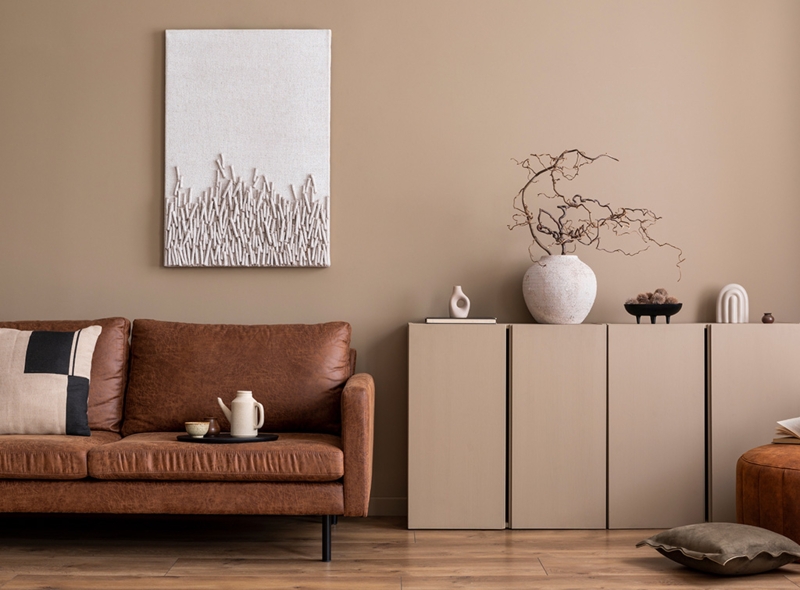 Living Room Tonal Brown Palette Sculptural Wall Decor Handleless