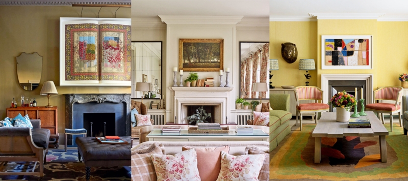 Living Room Traditional Mantel Decor with Art Above Fireplace