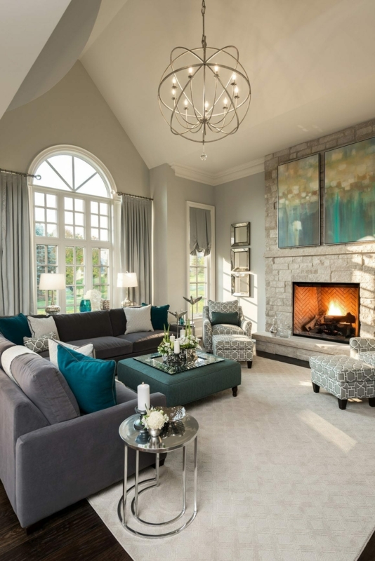 Living Room Transitional Stone Fireplace Large Arched Window Ideas