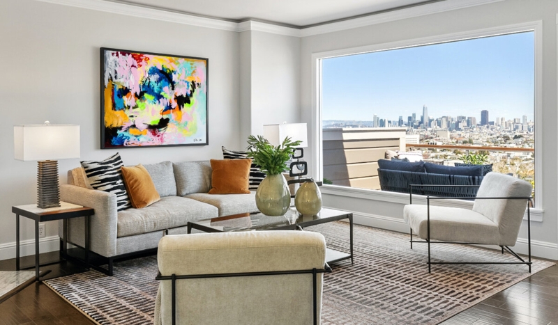 Living Room Urban Style with Zebra Print Accents and City Skyline View