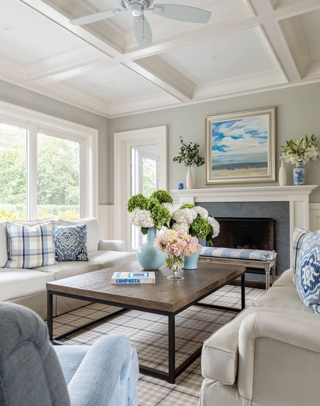 Living Room with Coffered Ceiling and Plaid Area Rug Layout