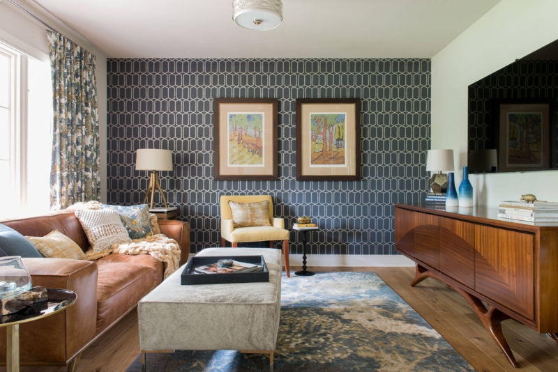 Living Room with Cognac Leather Sofa and Navy Geometric Wallpaper