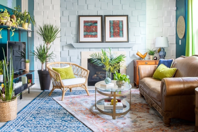 Living Room with Geometric Wall Paneling and Rattan Chair