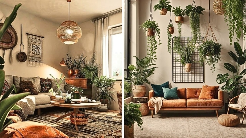 Living Room with Lush Vertical Plant Wall & Woven Textures