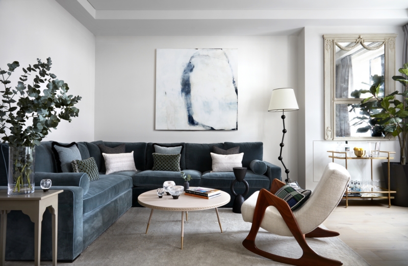 Living Room with Sculptural Wood Rocker and Bobbin Floor Lamp