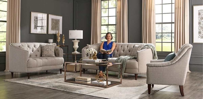 Living Room with Tufted Sofas, Nailhead Trim & Charcoal Walls