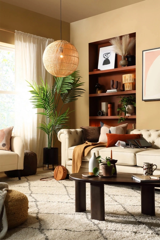 Living Room Woven Globe Pendant Tufted Cream Sofa Earthy Decor