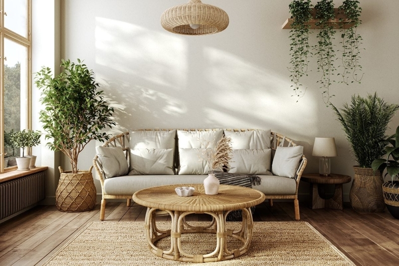 Living Room: Woven Rattan Furniture and Dappled Wall Shadows.