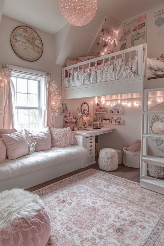 Loft Bed Setup: Desk Combo & Textured Daybed Seating.