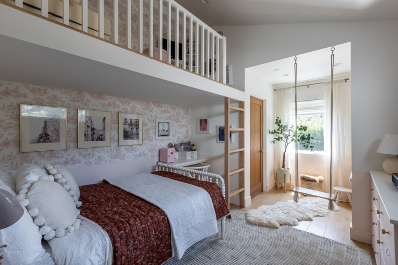 Loft Bed with Desk Underneath & Whimsical Hanging Window Swing