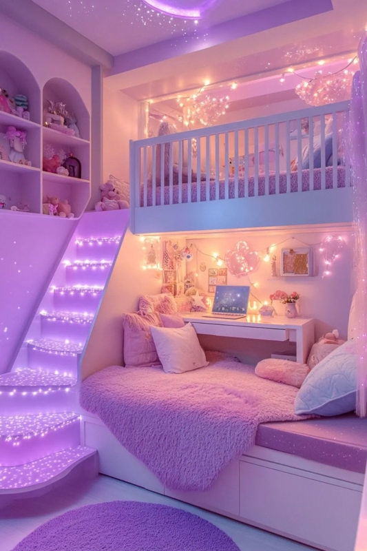 Loft Bed with Illuminated Storage Stairs in a Monochromatic Purple Theme
