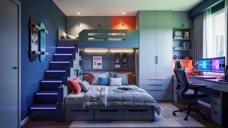 Loft Bed with LED Integrated Stairs and Built-In Gaming Nook