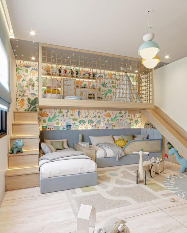 Loft Bed with Rope Net Loft, Integrated Slide, and Storage Stairs