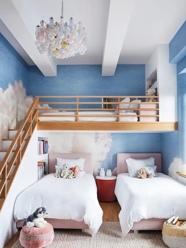 Lofted Sleep Station with Cloud Mural and Glass Bubble Chandelier