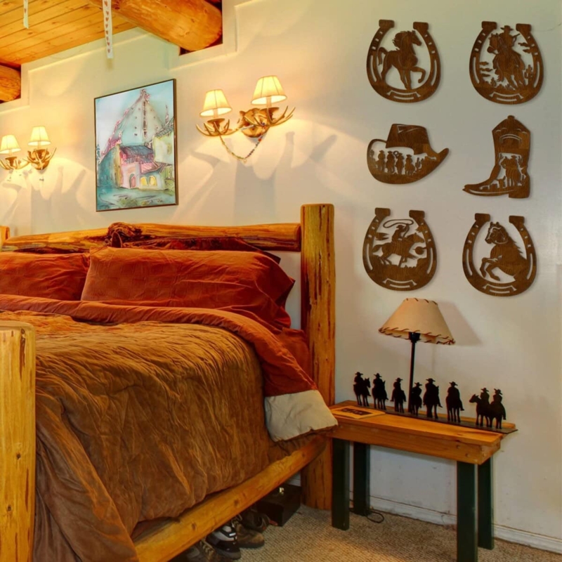 Log Bed Frame Design with Western Themed Horseshoe Wall Decor