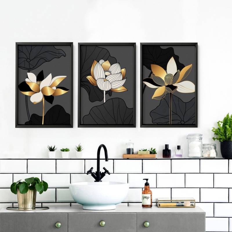Lotus Flower Triptych Prints with Metallic Accents on Charcoal Background