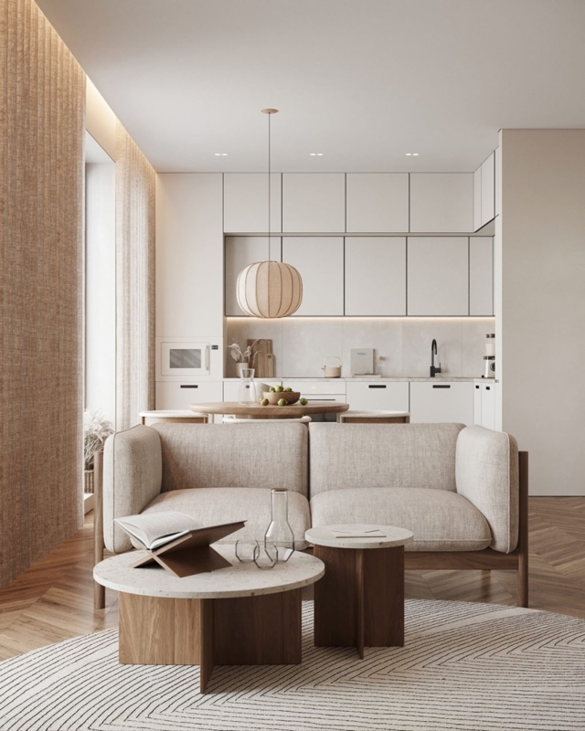Loveseat: Neutral Sofa with Nested Tables and Herringbone Floor.